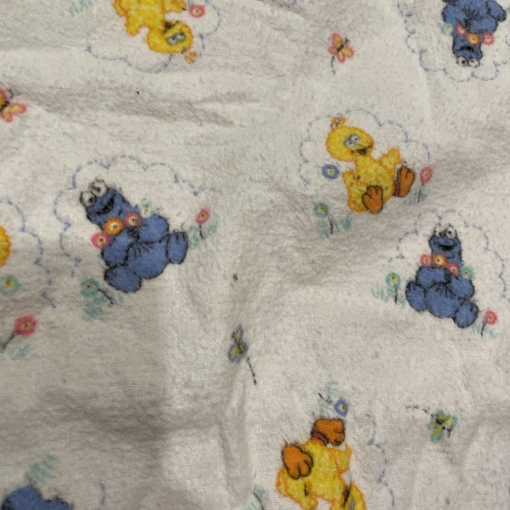 Vtg Sesame Street Baby Blanket Flannel Receiving White Big Bird Cookie Monster